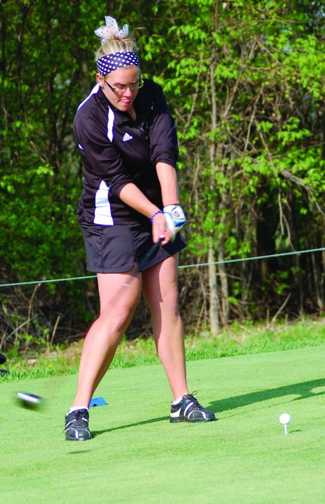 GVL Archive/ Bri Goodyear
Unbreakable concentration: GVSU Sophomore Kristina Langton gears up for a swing during the NCAA East Regionals this past summer. 