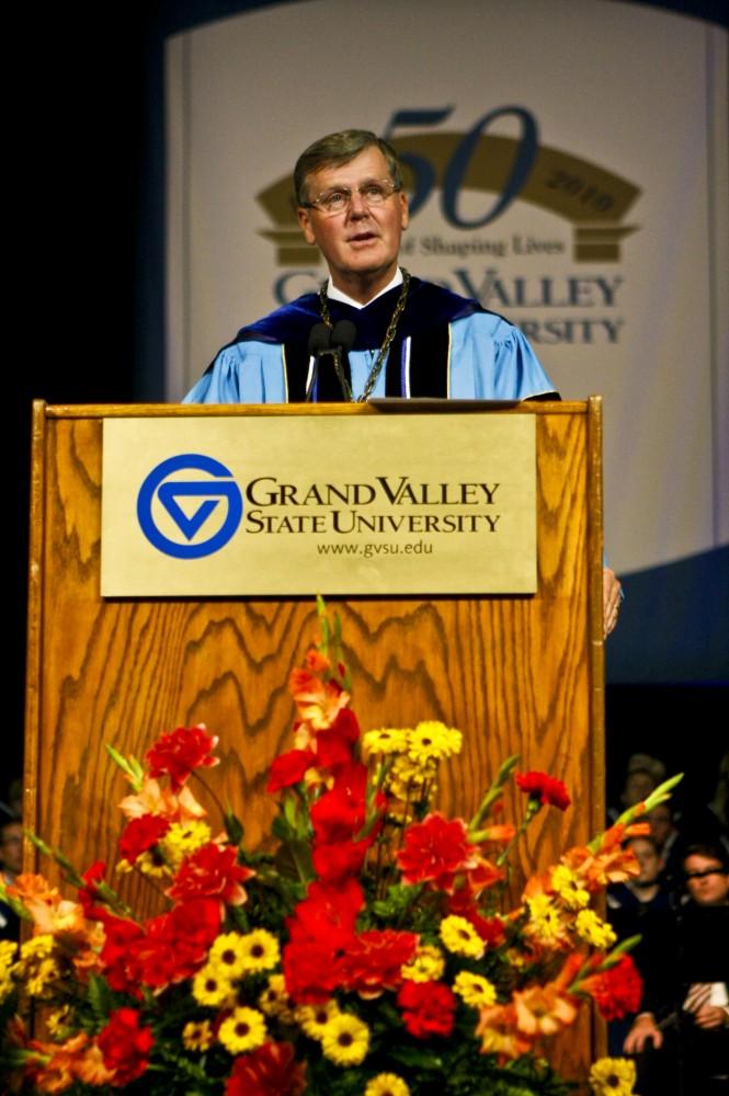 President Haas giving a speech during Friday's Convocation. Haas stressed the fact that together we can accomplish much.