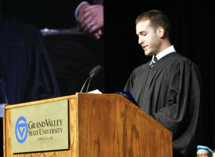 Jarrett Martus gives a speech during convocation