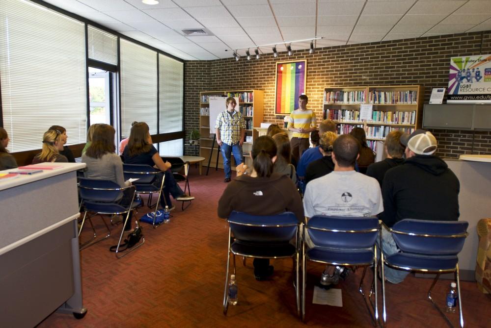 Greek GVSU students listen to the speakers at Greek Allies and Advocates Certification Program which is held at the LGBT Resource Center.  The goal of this program is to train Greek students in an effort to support the GVSU lesbian, gay, bisexual, and transgender community.