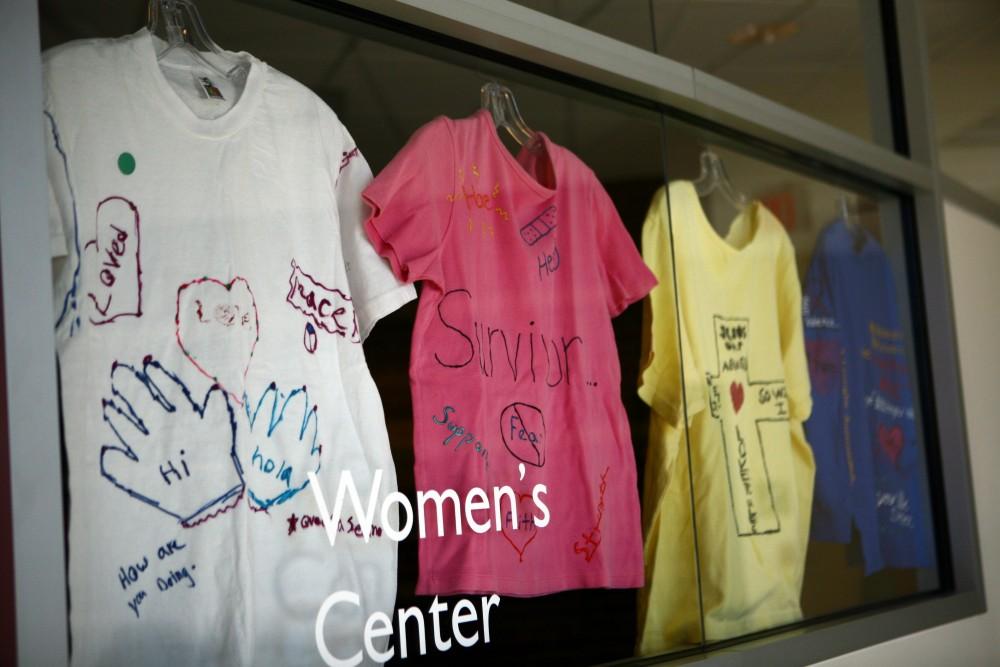 T-Shirts are hung throughout Kirkhof for the Clothesline Project