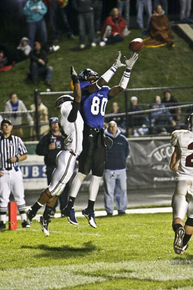 GVL Archive / Eric Coulter
Wide Reciever Jovonne Augustus reaches for the ball that will give the Lakers a 38 - 31 victory over Indianappolis