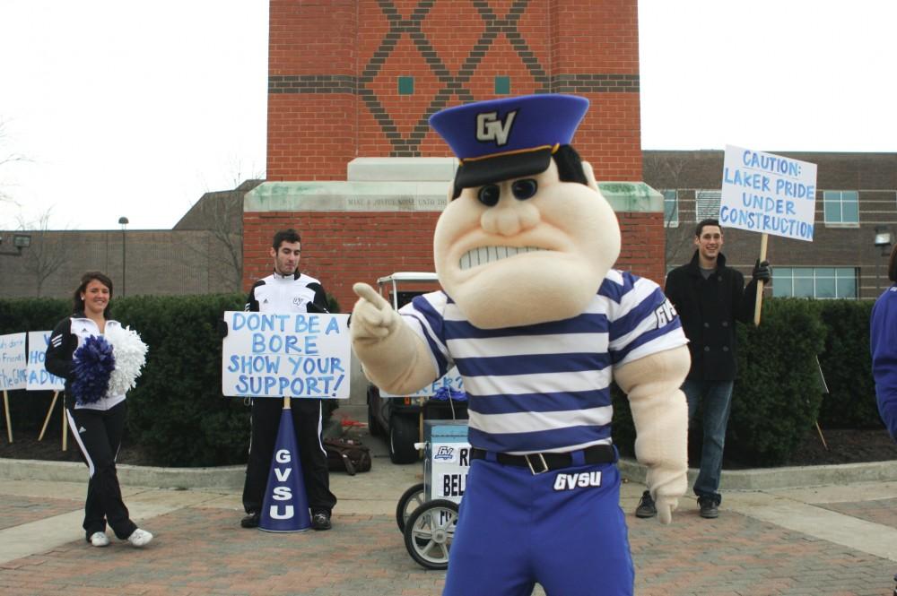 Louie the Laker helps raise support to boost attendance for Satuday's play off game against the Colorado Miners