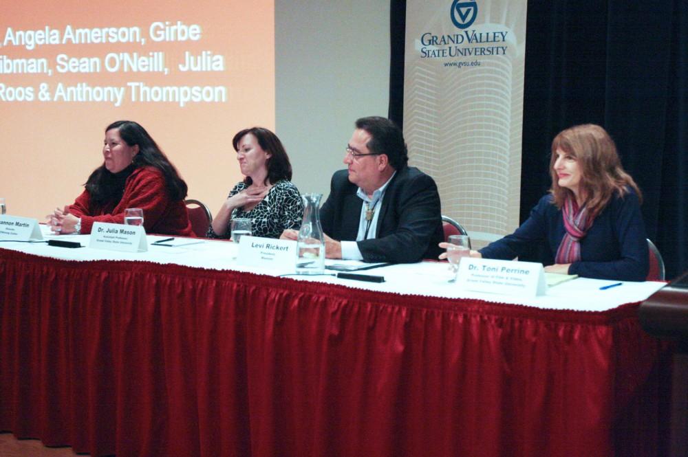 A panel discusses the documentary "The Reel Injun", which was screened in Loosemoore Auditorium. From the left, Shannon Martin, Dr. Julia Mason, Levi Rickert, Dr. Toni Perrine