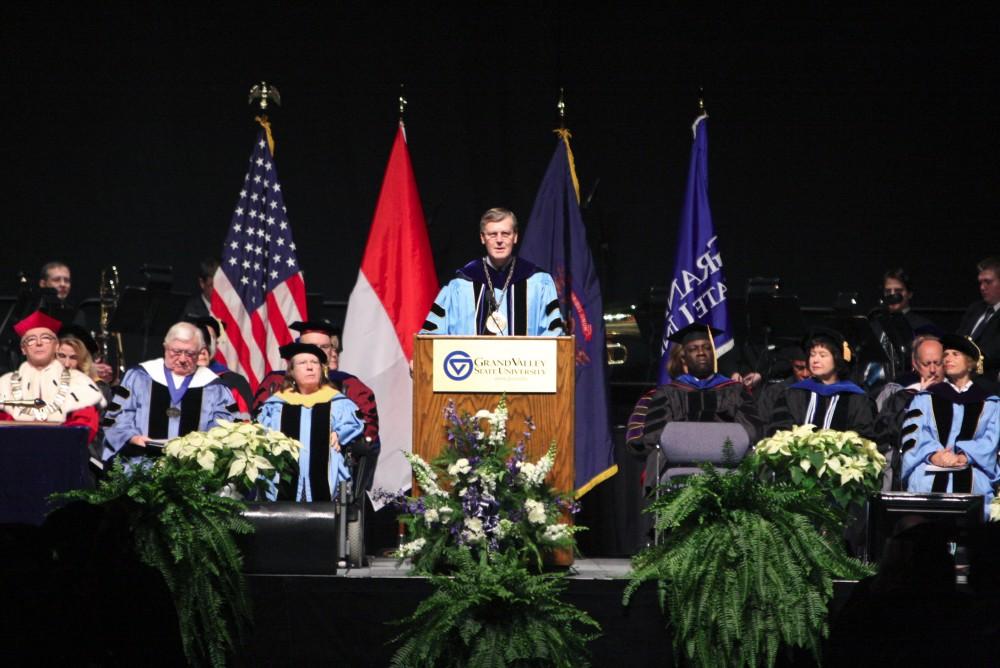 President Thomas Hass speaks during Saturday's commencement