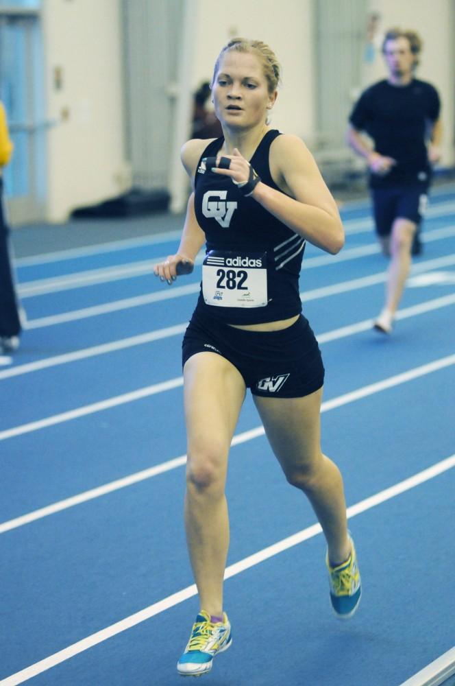Freshmen Madie Rodts participates in the one mile run during Friday’s Bob Eubanks Open held in the Laker Turf Building.