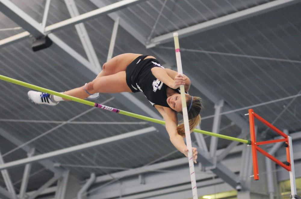 GVL Archive / Andrew MillsJunior Jocelyn Kuksa participates in the pole vault during the Bob Eubanks Open held in the Laker Turf Building.