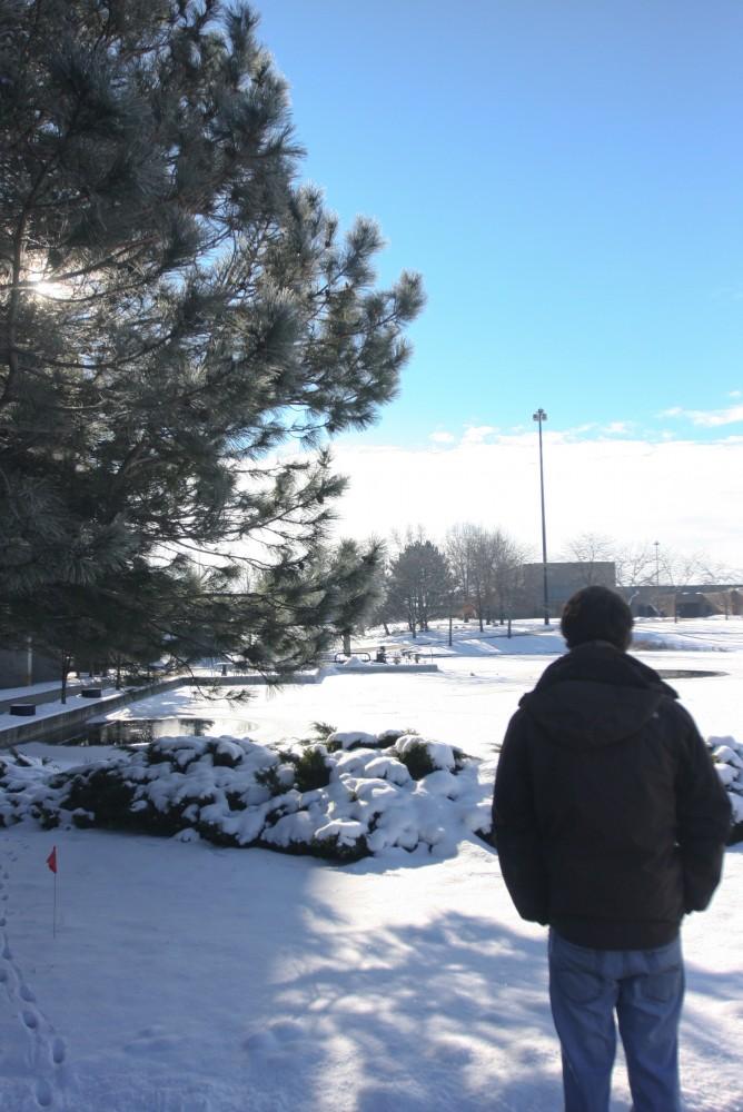 James Dean peers out at an empty and snow covered campus