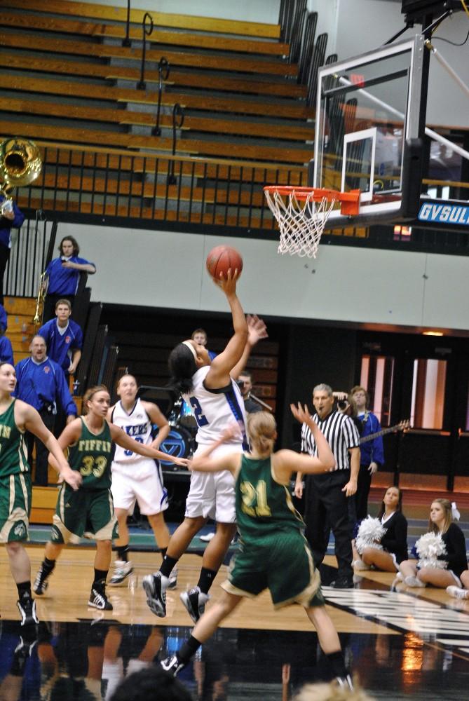 GVL Archive / Rane MartinSophomore Brittany Taylor goes up for the shot during a game earlier this season. The lady Lakers were victorious 67-65 against Hillsdale this weekend.