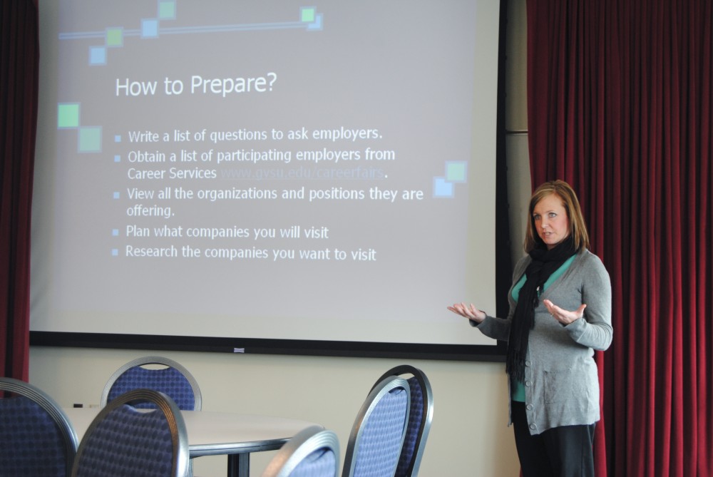 Career Services Assistant Director Rachel Becklin explains to students how to introduce themselves to employers for the up coming Careerfest yesterday at the Kirkhof Center.