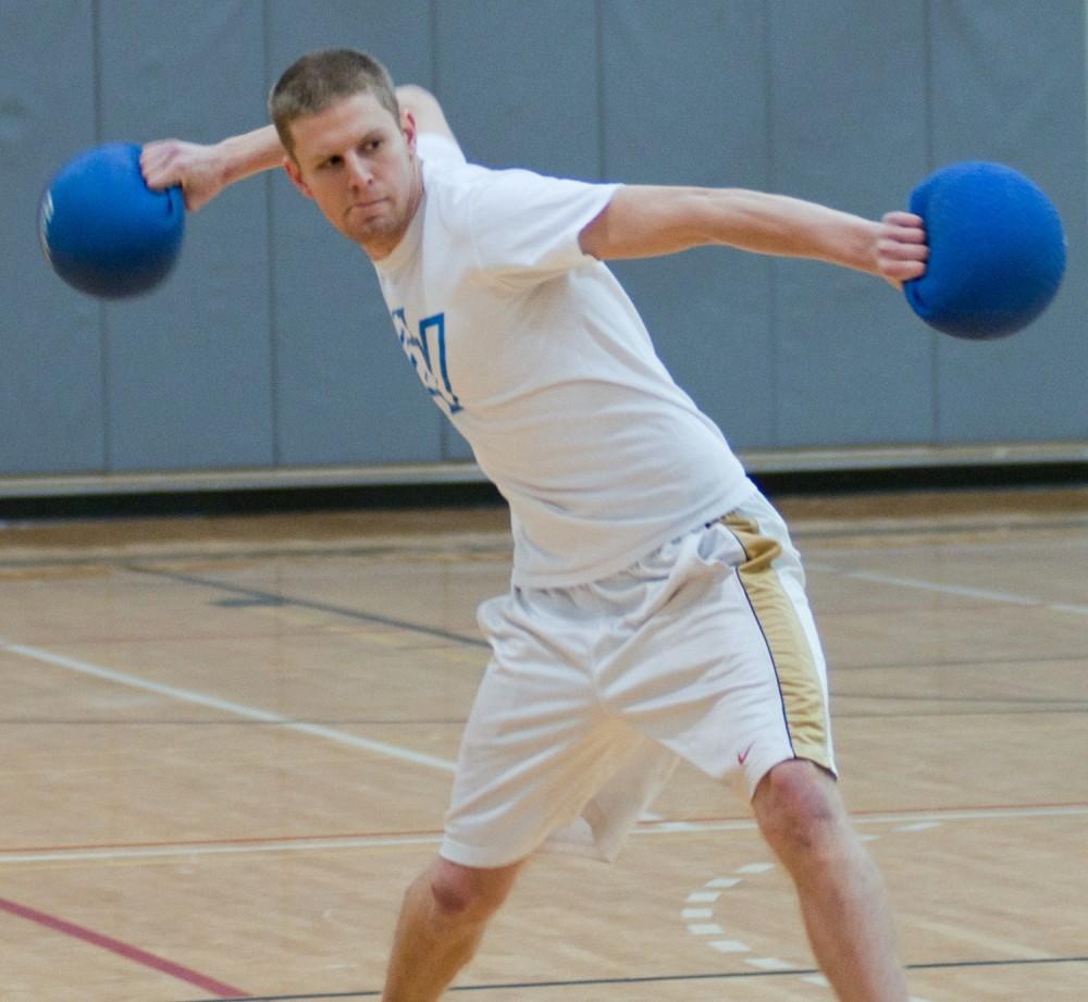 A member of the GVSU dodgeball team during a practice on Tuesday