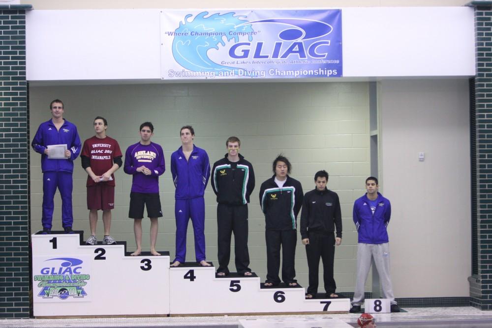 Winners of the 200 yard backstroke. Grand Valley's Jordan Schrotenboer and Jonathan Bardsley placed First and Fourth, respectively.