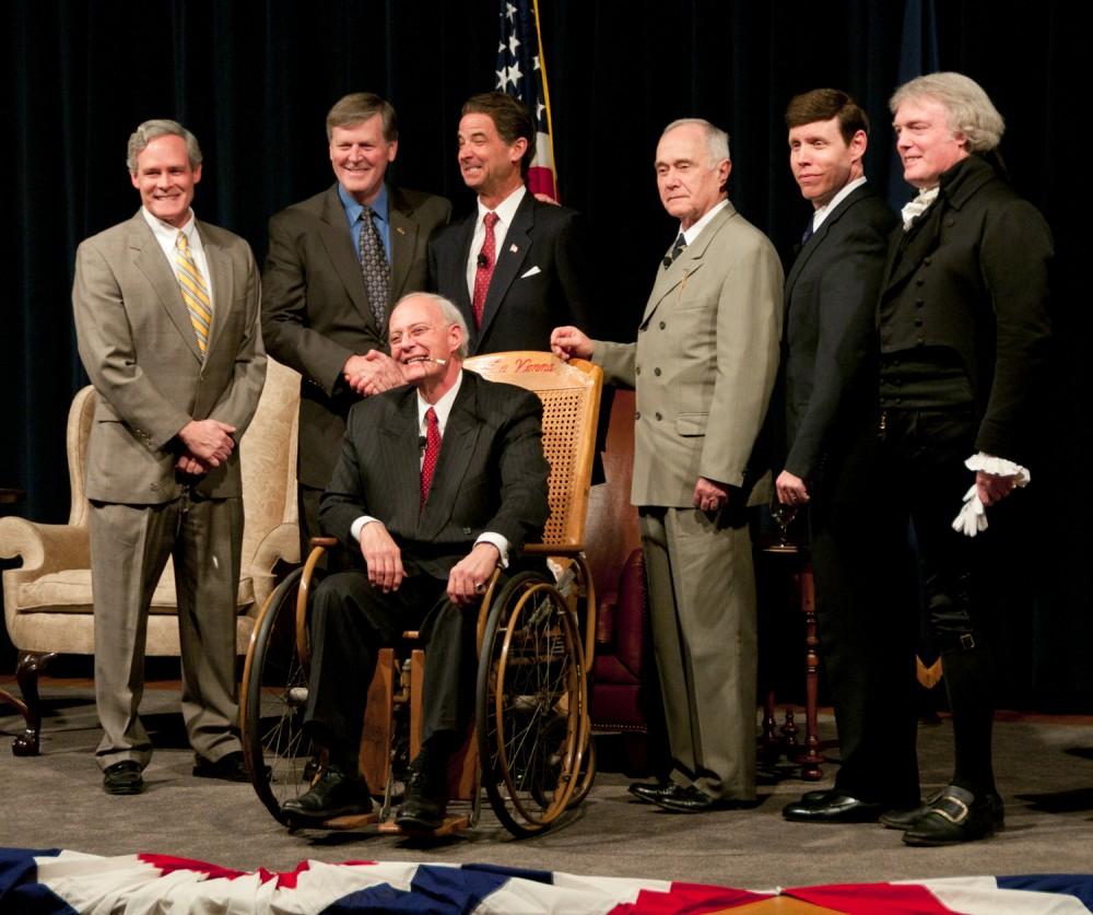 President Haas on stage with performers at the Reagan's Heroes event