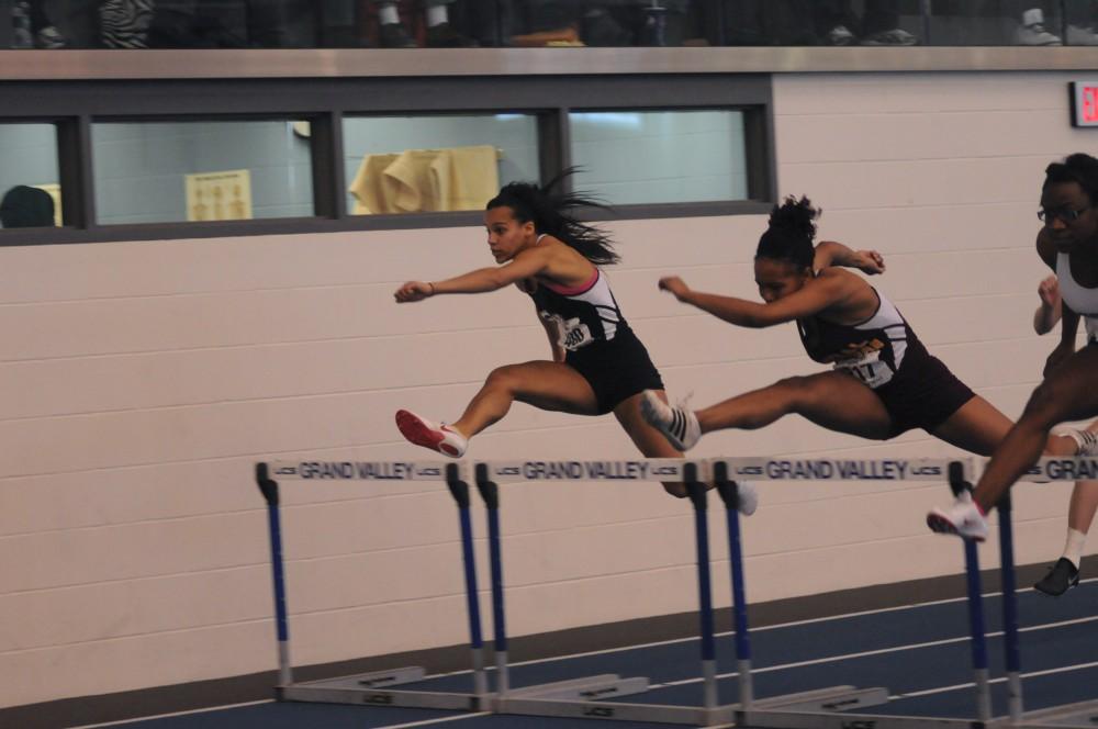 Grand Valley senior Amber Triner competes in the Women’s 60 Meter hurdles during Friday’s “The Big Meet” held in Allendale, Michigan at the Turf Building.