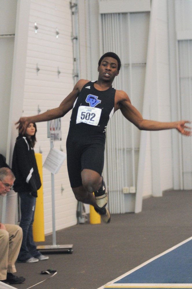Grand Valley freshmen Aaron Dewberry competes in the men’s long jump during Friday’s “The Big Meet” held in Allendale, Michigan at the Turf Building.
