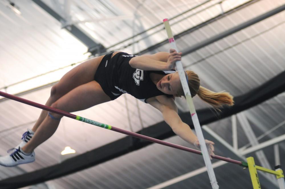 Grand Valley junior Jocelyn Kuksa competes in the pole vault during Friday’s “The Big Meet” held in Allendale, Michigan at the Turf Building.