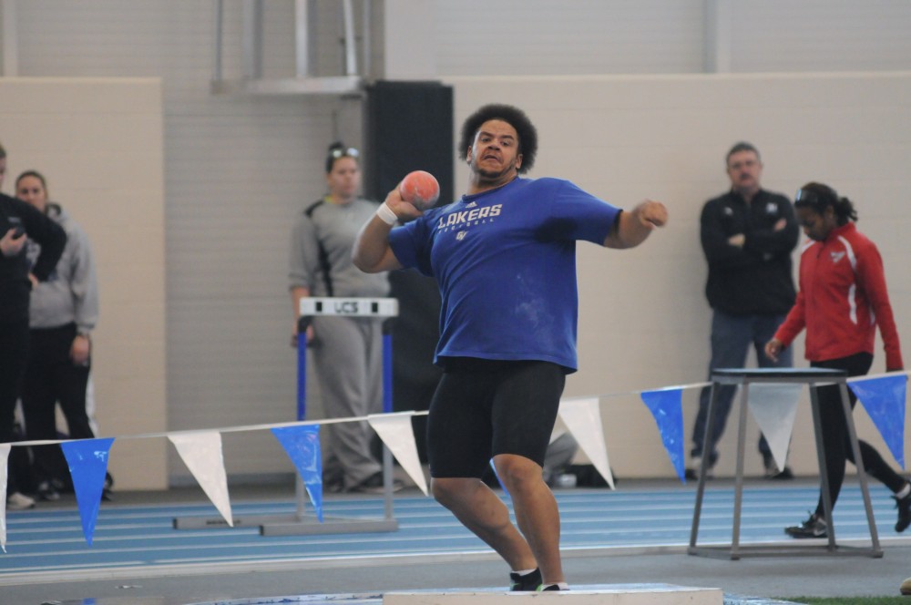 Grand Valley junior Matt Armstrong competes in the shot put during Friday’s “The Big Meet” held in Allendale, Michigan at the Turf Building.