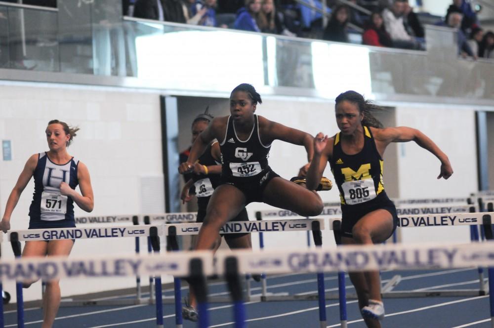 Grand Valley freshmen Kalena Franklin competes in the Women’s 60 Meter hurdles during Friday’s “The Big Meet” held in Allendale, Michigan at the Turf Building.
