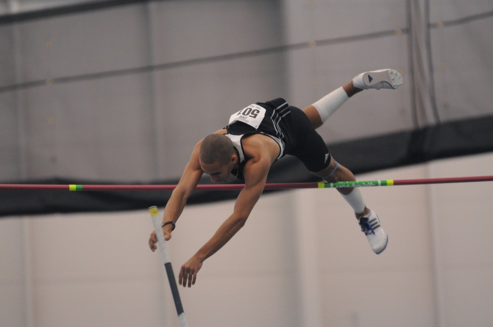 Grand Valley senior Dennis Quinton competes in the men’s pole vault during Friday’s “The Big Meet” held in Allendale, Michigan at the Turf Building.