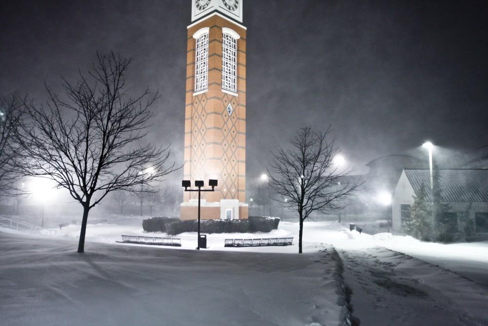 Snow whips around campus on Tuesday night, causing the cancellation of classes on Wednesday