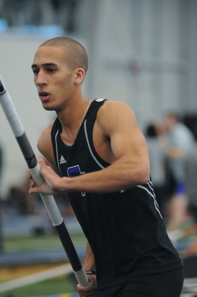 Grand Valley senior Dennis Quinton competes in the men’s pole vault during Friday’s “The Big Meet” held in Allendale, Michigan at the Turf Building.