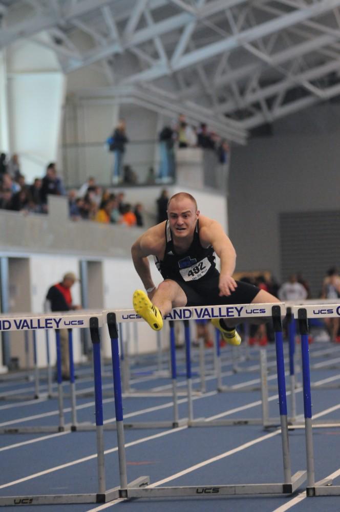 Grand Valley’s Jacob Alexander competes in the Men’s 60 Meter hurdles during Friday’s “The Big Meet” held in Allendale, Michigan at the Turf Building.