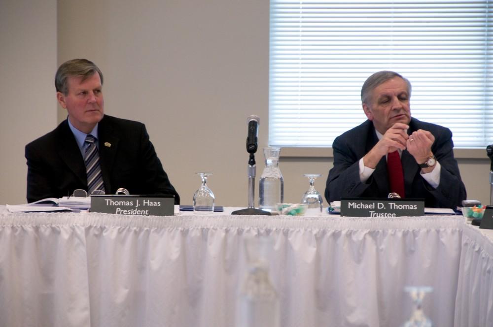 President Thomas Haas and Trusee Michael Thomas at Fridays Board of Trustees meeting