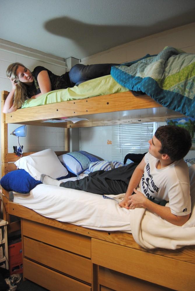 Demanding change: Two GVSU students interact in a dorm. The Gender Neutral Housing Coalition is petitioning the Housing
Department at GVSU to allow students to choose whether they want to live with members of the same or opposite sex.