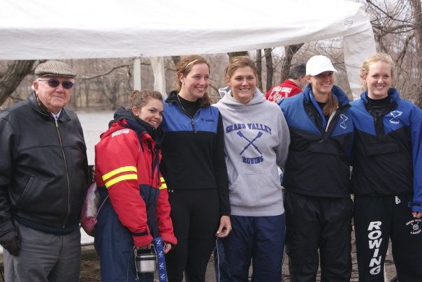 Don Lubbers stands with members of the GVSU Crew at a past Lubbers Cup Regatta. This years regatta will be held on April 2nd.