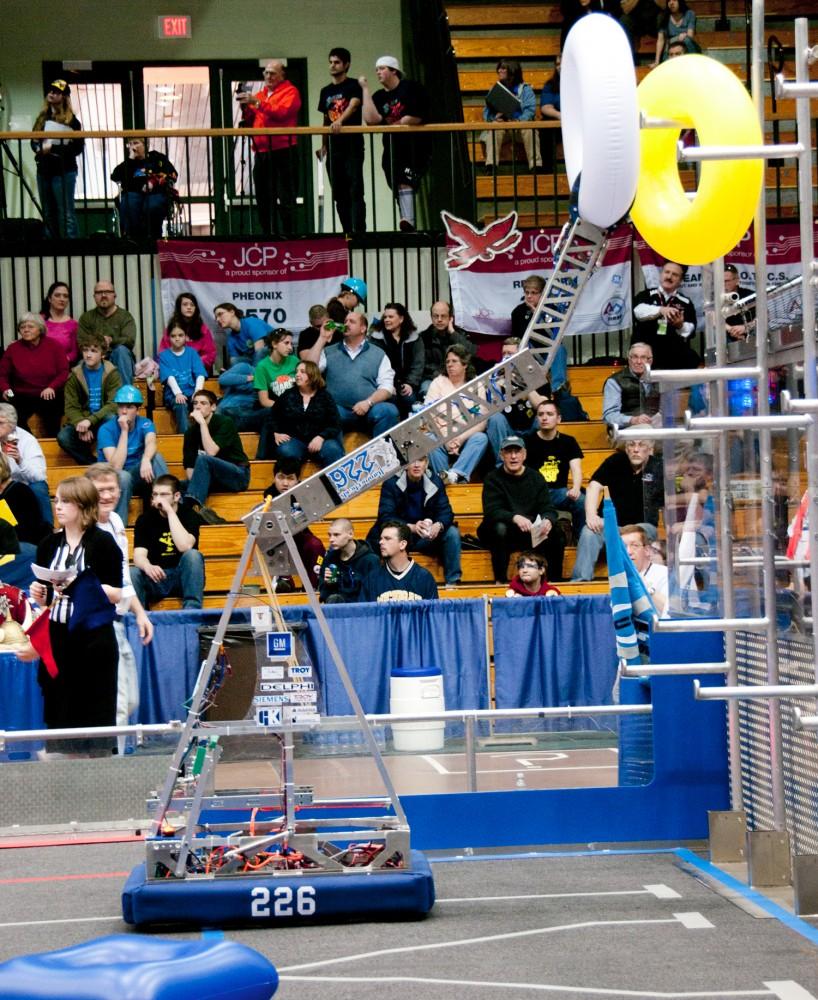 One of the robots working during the robotics competition held this weekend at GVSU