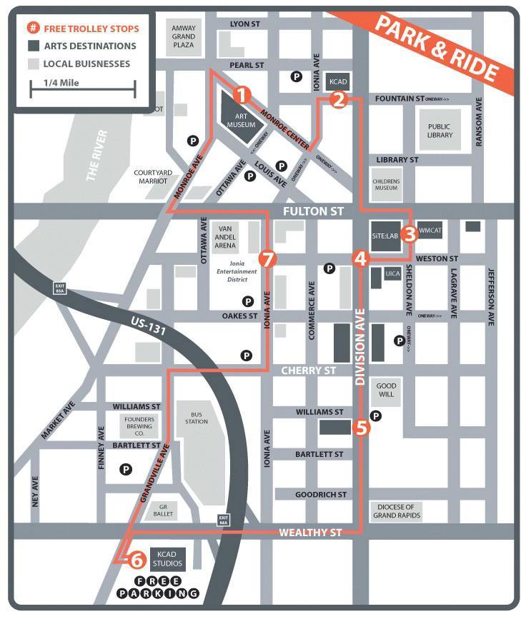 Courtesy Photo / gvsu.edu
Map of the downtown art, including the trolley route that can transport  the local art enthusiasts