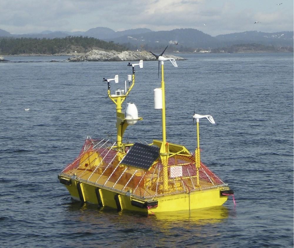 Courtesy Photo
The original Windsentinel bouy off Vancouver Island during the initial sea trials. The mesh around the top of the bouy is to keep the sea lions off.