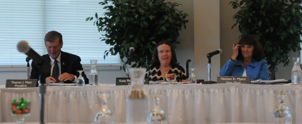 President Thomas J. Haas, Kate Pew Wolters and Noreen K. Myers at the July 15 Board of Trustees Meeting