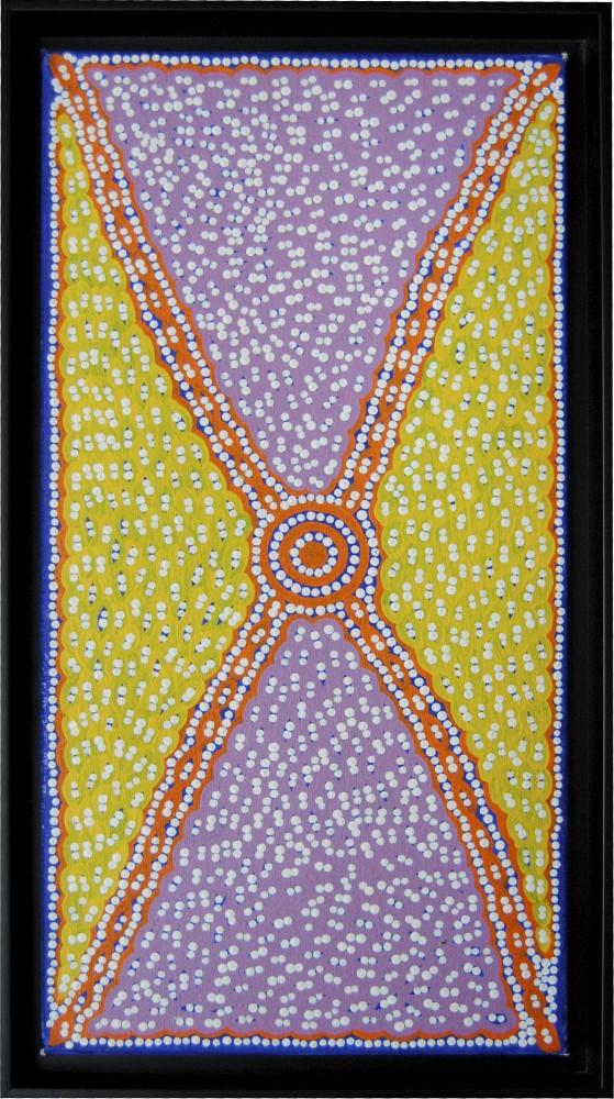 GVL/ Rane Martin
Australian Aboriginal paintings are currently on display in the Faculty/Staff Dining Room in the Kirkhof Center. These paintings were created as part of the ceremonies celebrating Tjukurrpa or Dreamtime.
Artist: Kristen Nungarrayi Kitson Title: Ngurlu Tjukurrpa (Native Seed Dreaming)