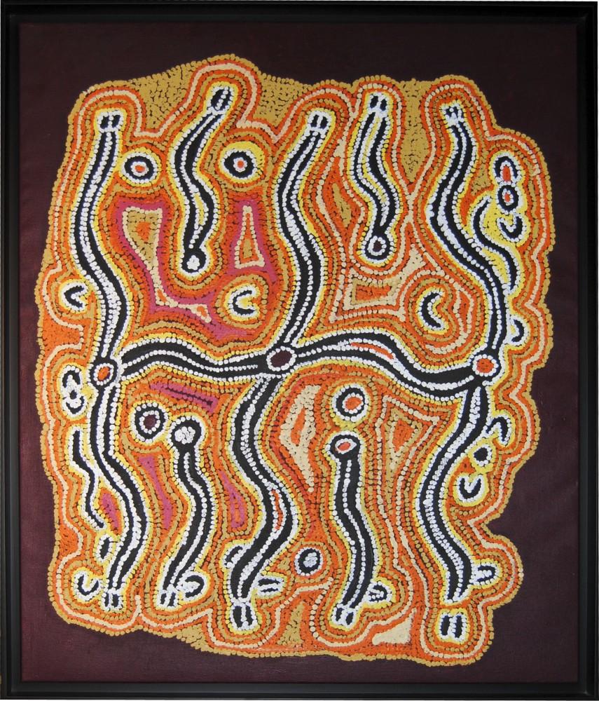 GVL/Rane Martin
Australian Aboriginal paintings are currently on display in the Faculty/Staff Dining Room in the Kirkhof Center. These paintings were created as part of the ceremonies celebrating Tjukurrpa or Dreamtime.
Artist: Bessie Nakamarra Sims 
Title: Yarla Tjukurrpa (Bush Potato Dreaming) -Cockatoo Creek