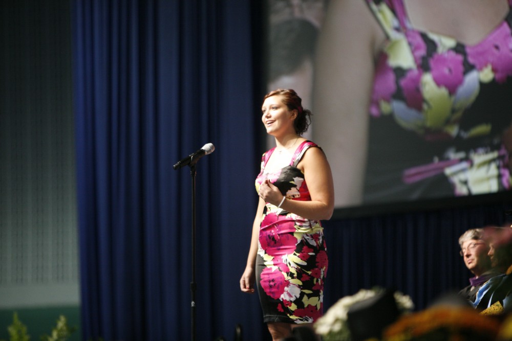 GVL/ Eric Coulter
Caitlin Cusack preform "Defying Gravity" from Wicked just before the Presidential Address at Convocation last Friday.