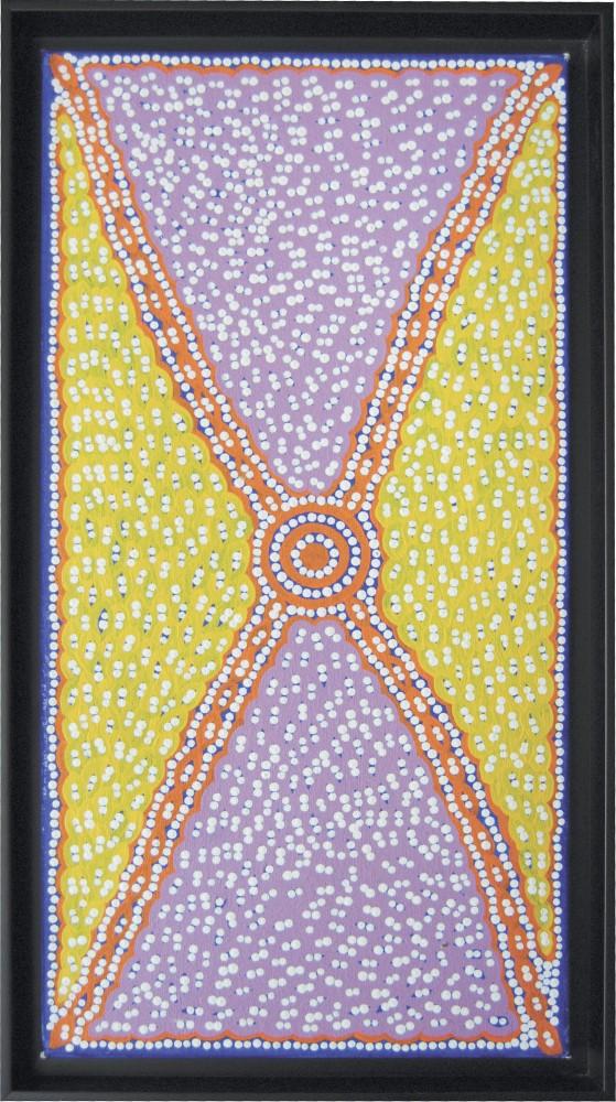 GVL/ Rane Martin
Australian Aboriginal paintings are currently on display in the Faculty/Staff Dining Room in the Kirkhof Center. These paintings were created as part of the ceremonies celebrating Tjukurrpa or Dreamtime.
Artist: Kristen Nungarrayi Kitson Title: Ngurlu Tjukurrpa (Native Seed Dreaming)