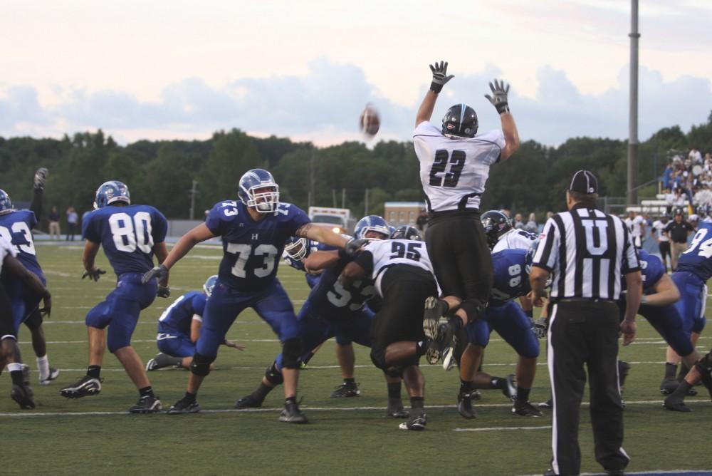 GVL/ Brady Frederickson
Senior defensive linemen Danny Richard goes up for a block during their away game against Hillsdale on Saturday.