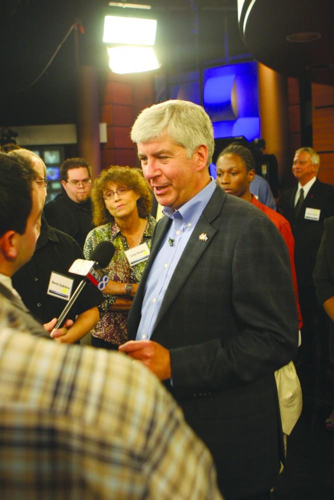 GVL/ Eric Coulter
Rick Snyder answers the audiences questions at the Town Hall Meeting in Grand Rapids on Tuesday.