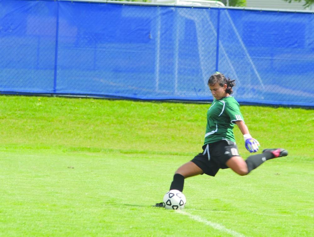 GVL/ Rane Martin
Junior goalkeeper Chelsea Parise  smashes a goal kick during their game against Saginaw Valley on Sunday.