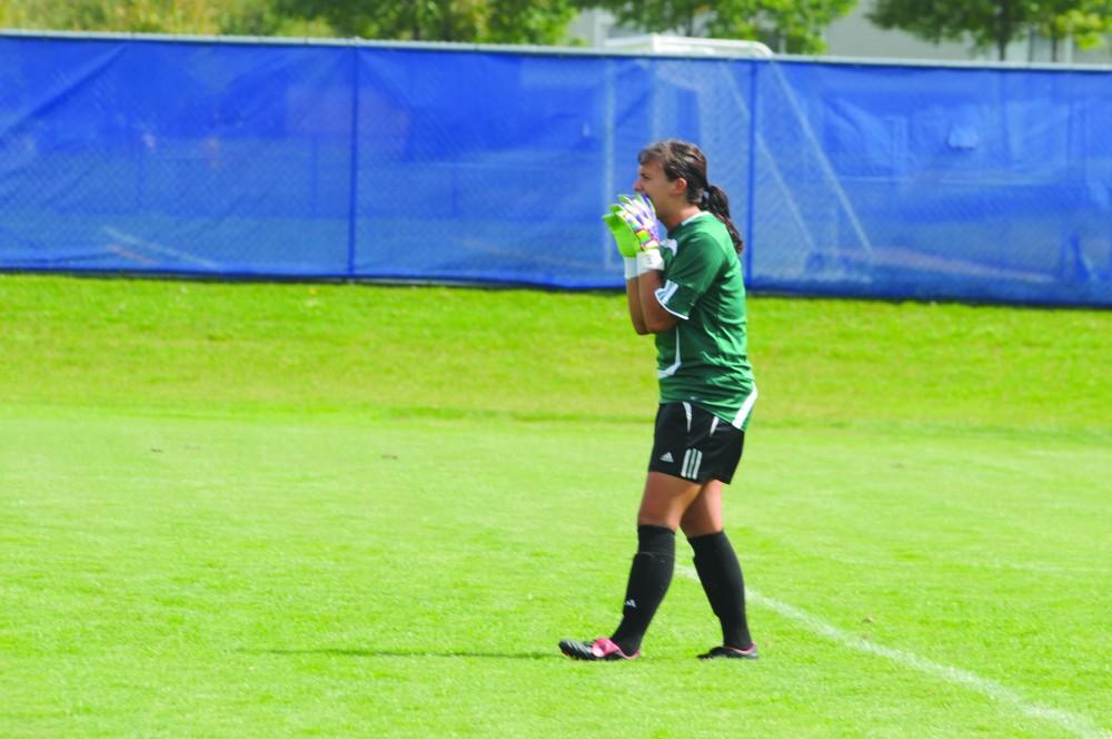 GVL/ Rane Martin
Junior goalkeeper Chelsea Parise gives her team orders during their game against Saginaw Valley on Sunday.
