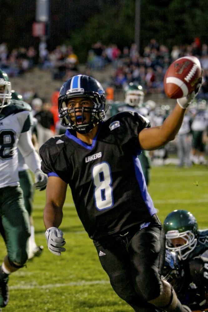 GVL Archive
Senior wide receiver Greg Gay celebrates after his touchdown. Gay carried the ball to the endzone for Lakers first three touchdowns in their last match up against Lake Erie.