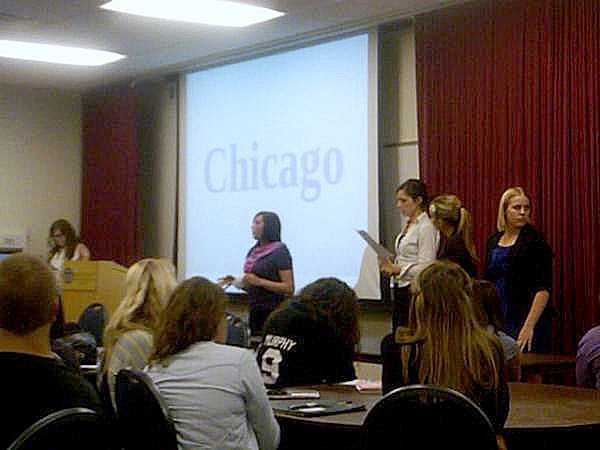 Courtesy Photo/ Stacey Nardozzi
(From left to right) Katie Downey, Stacey Nardozzi, Kelsey Schultz, Breann Andersen and Taylor Heggen practice their Chapter Development session presentation in front of GV PRSSA members. They will be presenting at the PRSSA National Conference in Orlando this Friday.