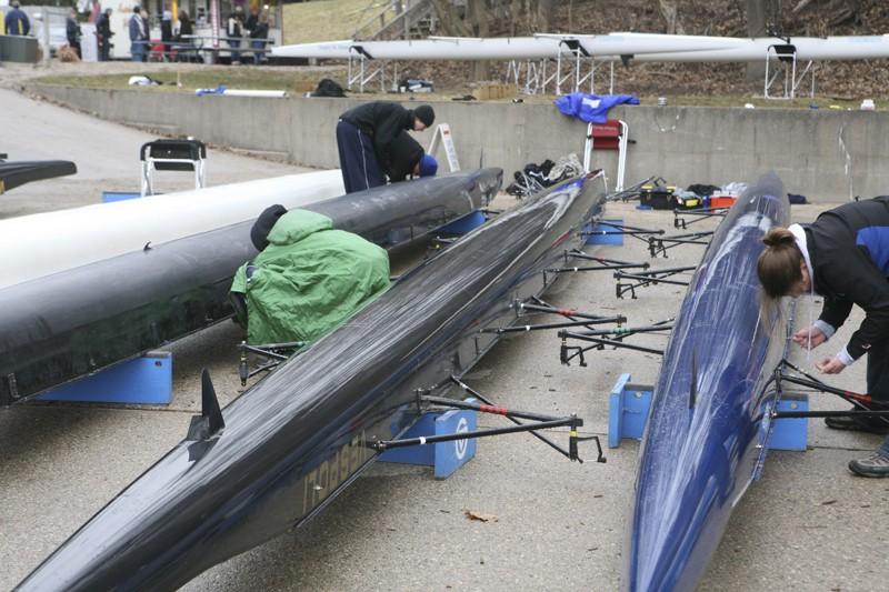 GVL Archive
Rowers rig the eights at past race. The Lakers recently christened their new eight, the Mike Keeler.