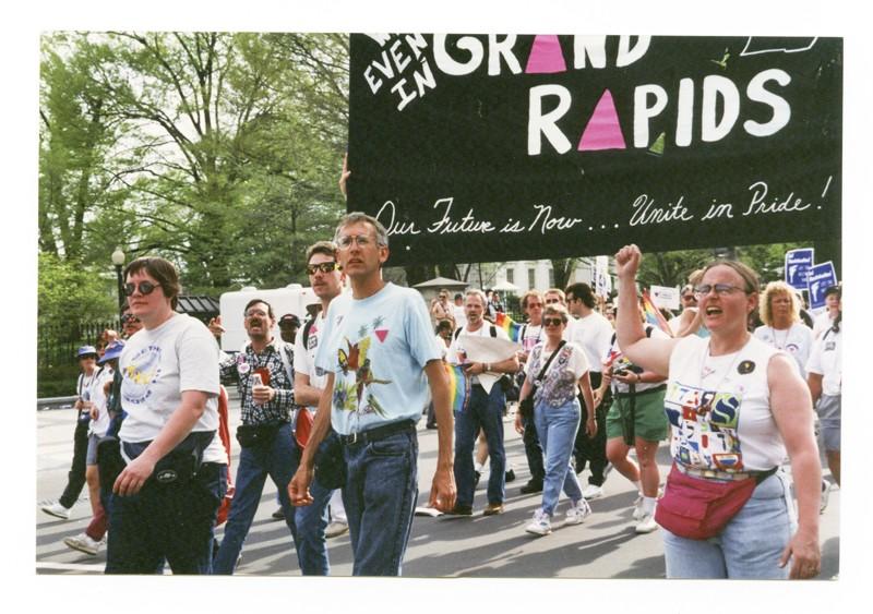 Courtesy Photo/ grandrapidslgbthistory.com
A group of people represent Grand Rapids at a LGBT march in DC.