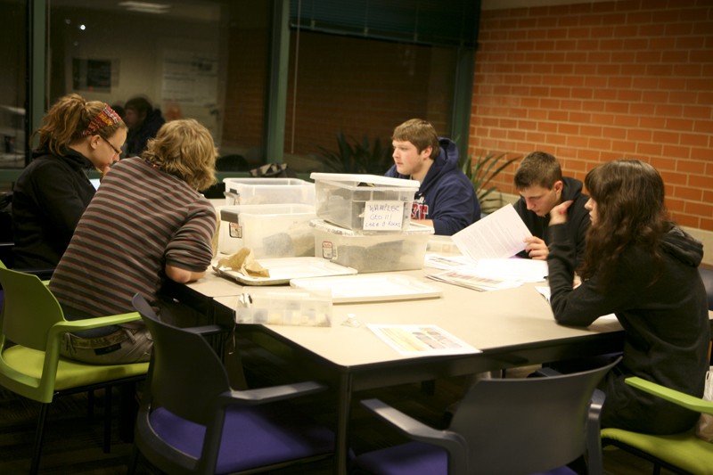 GVL/ Rane Martin
Geology students study various types of rocks in the Padnos Hall of Science.
