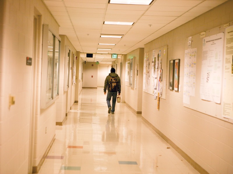 GVL/ Rane Martin
A student walks down one of the halls in the Padnos Hall of Science.
