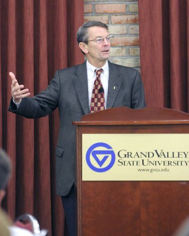 Courtesy Photo / mlive.com
Win Irwin, Chairman and CEO of Irwin Seating Company, speaks at Grand Valley during the Secrets to My Success lecture
