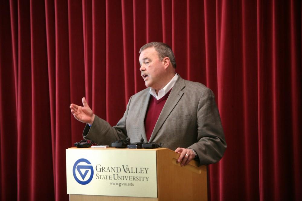 	Bart Merkle, dean of students at Grand Valley State University, addresses the media following the announcement of the four GVSU students who were transported to Spectrum Health Hospital last night after ingesting an unknown narcotic. 