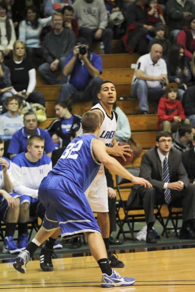 GVL / Robert Mathews
Guard James Thomas (23) looks to set up a play during Saturdays game against Hillsdale. Thomas was 1-5 on the night with only 3 points. 